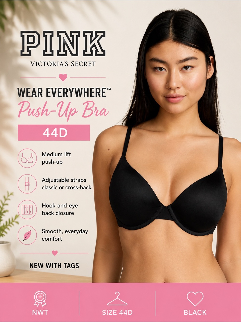 Victoria’s Secret PINK Wear Everywhere Push-Up Bra Black 44D NWT